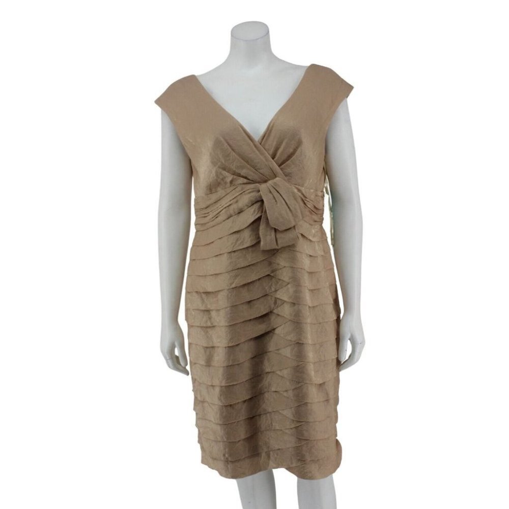 NWT Jones Wear Dress Gold Satin Tiered Sleeveless Cocktail Party Shift Size 14